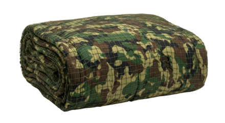 Camouflage netting roll with folded pattern on transparent background