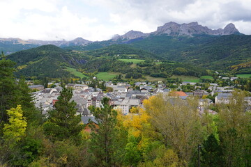 panoramic view of the town of Barcelonnette, southern Alps, France in the fall