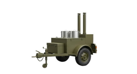Portable military field kitchen with dual stoves and pots on wheels