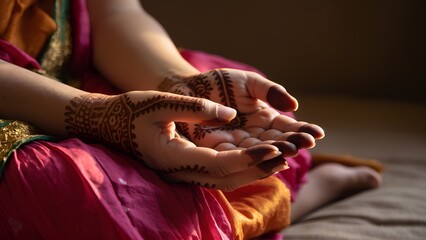 Bridal hands with fresh mehndi in meditative offering pose wearing traditional Indian attire in warm natural light