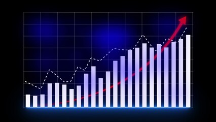 Upward trending bar graph with red arrow and dashed line on blue grid background chart data