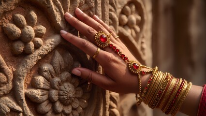 Bridal hand with red gemstone haath phool and gold bangles touching traditional carved stone in Indian wedding setting