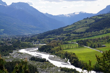 panoramic view of the town of Barcelonnette and valley, southern Alps, France in the spring