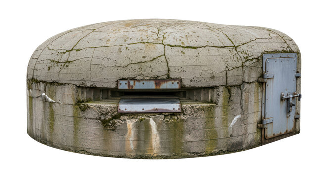 Old concrete bunker with metal door and mossy surface on transparent background