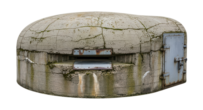 Old concrete bunker with metal door and mossy surface on transparent background