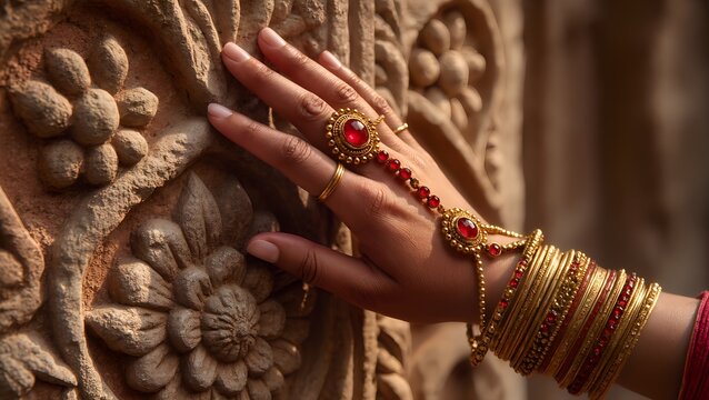 Bridal hand with red gemstone haath phool and gold bangles touching traditional carved stone in Indian wedding setting