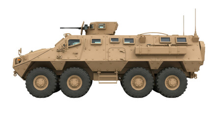 Armored military vehicle with desert camouflage and six wheels