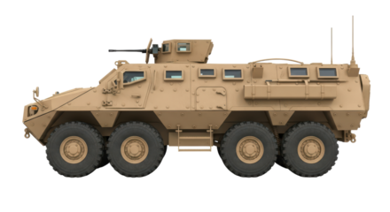 Armored military vehicle with desert camouflage and six wheels