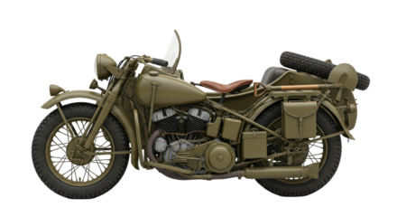 Vintage military motorcycle with olive drab finish and sidecar on transparent background