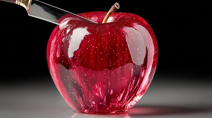 Glossy red apple with a knife inserted, showcasing a shiny surface and intricate details, reflecting light beautifully, emphasizing the allure of this vibrant fruit in a captivating still life composi