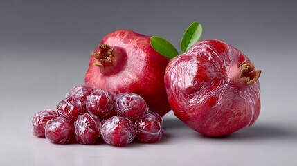 Fresh pomegranates and vibrant red seeds arranged artistically on a smooth surface, showcasing their glossy texture and rich color, ideal for health and wellness concepts or culinary presentations