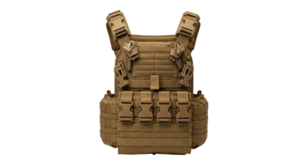 Tactical military combat vest with multiple straps and pockets on transparent background