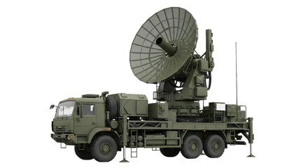 Military mobile radar system with antenna dish on truck