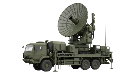 Military mobile radar system with antenna dish on truck
