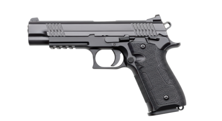 Detailed black handgun on transparent background