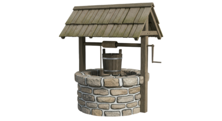 Rustic stone wishing well with wooden roof and bucket on transparent background