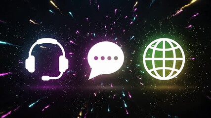 Customer service communication icons. Headset, chat bubble, globe. Global support, call center assistance, international contact network. Business help desk, online consultation, worldwide - Powered by Adobe