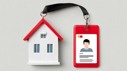 House-shaped keychain with red roof and attached identification card, symbolizing real estate, home ownership, and property management, ideal for marketing and promotional materials in housing industr