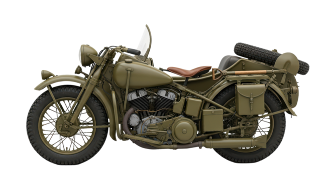 Vintage military motorcycle with olive drab finish and sidecar on transparent background