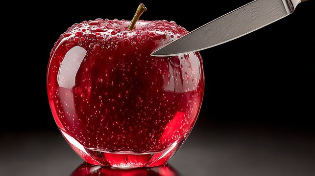 Glossy red apple with bubbles and a knife poised to slice, showcasing the vibrant texture and reflective surface, creating a striking visual contrast against a dark background