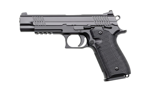Detailed black handgun on transparent background