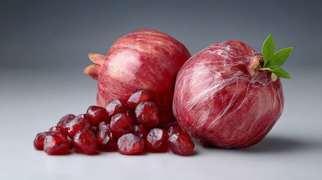 Fresh pomegranates with vibrant red skin and green leaves, surrounded by scattered ruby-red seeds, showcasing the natural beauty and health benefits of this delicious fruit in a minimalist setting