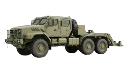 Military off-road recovery truck with six wheels and winch on transparent background