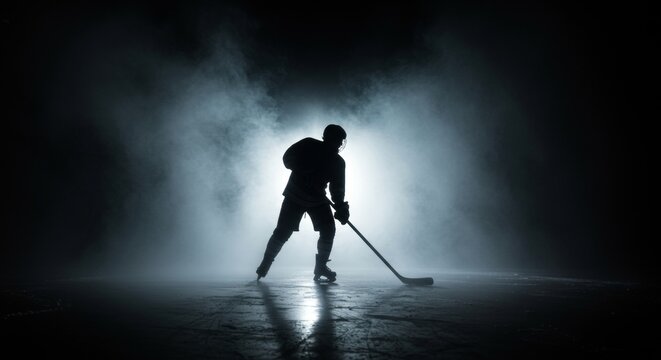 Dramatic silhouette of a focused ice hockey player on a smoky ice rink, backlit by intense light