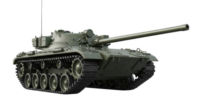 Military green battle tank with long barrel on transparent background