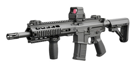 Modern tactical semi-automatic rifle with optic sight on transparent background