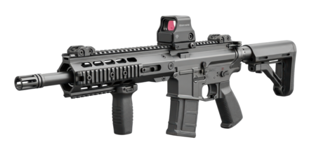 Modern tactical semi-automatic rifle with optic sight on transparent background