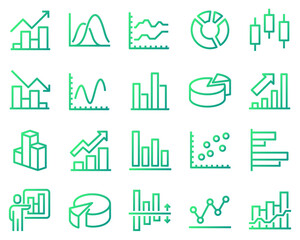 Simple vector line icon set with graph. Contains icons such as pie chart, graph, statistics, bar chart and more.	