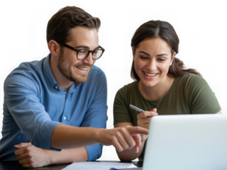 Man and woman collaborating on laptop learning and working together in modern office environment