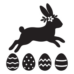 A leaping rabbit silhouette with easter eggs underneath it vector illustration