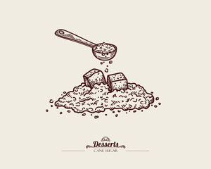 Pile of brown sugar. Line art of sugar cubes. Unrefined brown cane sugar in spoon.