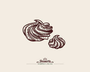 Crispy twisted meringues. Whipped cream decoration. Vintage line drawing. Vector line art