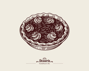 Illustration of pumpkin pie, tart, shortbread cake. The pie is decorated with whipped cream, meringue. Vector line art