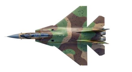 Top view camouflaged fighter jet with transparent background
