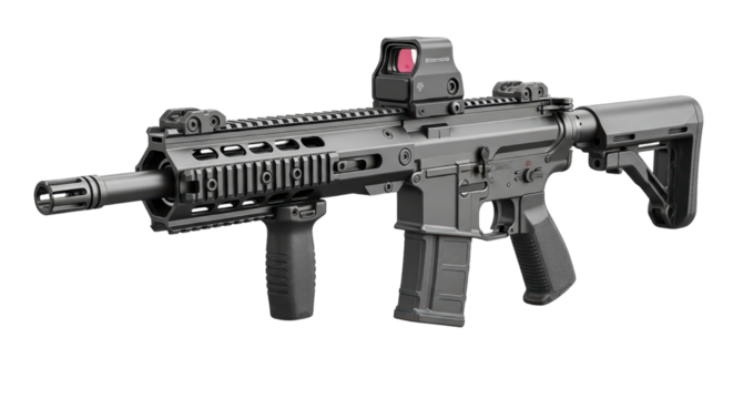 Modern tactical semi-automatic rifle with optic sight on transparent background