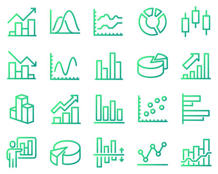 Simple vector line icon set with graph. Contains icons such as pie chart, graph, statistics, bar chart and more.	