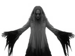 Terrifying woman ghost in black and white horror photography with arms outstretched
