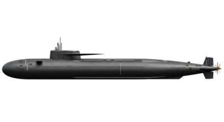 Modern military submarine side view with transparent background