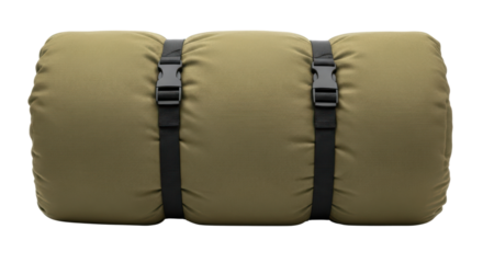 Olive green sleeping bag with black straps on transparent background