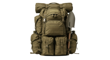 Large tactical backpack with camping gear and shovel on transparent background