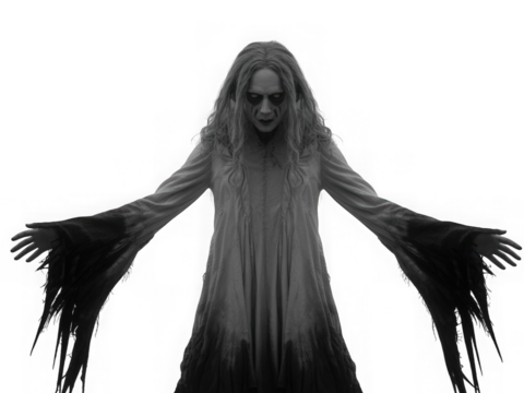 Terrifying woman ghost in black and white horror photography with arms outstretched - Powered by Adobe