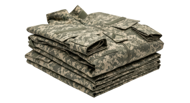 Folded digital camouflage uniform pile with pockets and zippers