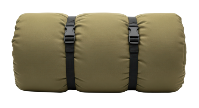 Olive green sleeping bag with black straps on transparent background