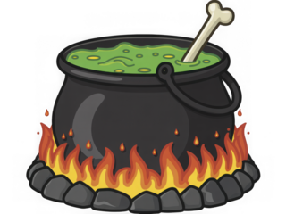Stylized cartoon of a witch's cauldron bubbling with green potion and a bone stirring