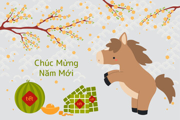 2026 Lunar New Year Tet cute horse, rice cakes, watermelon, gold, apricot blossoms, Vietnamese text Happy New Year. Hand drawn flat vector illustration. Holiday design, card, banner. Cartoon character