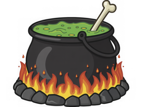 Stylized cartoon of a witch's cauldron bubbling with green potion and a bone stirring